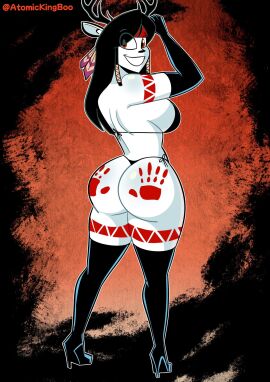 1girls 2024 2d_(artwork) anthromorph antlers ass ass_crack atomickingboo bethany_hummingbird bikini black_bikini breasts brown_eyes butt_crack cervine digital_media_(artwork) feathers female folklore halloween hand_print_on_ass headband latex_boots long-haired_female looking_at_viewer looking_back markings oc original original_character rear_view sideboob simple_background smiling_at_viewer solo_female swimsuit thigh_boots wendigo