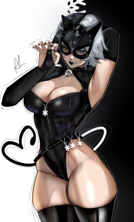 1girls 2d 2d_(artwork) animal_ears arialla_draws arms_up asian asian_female big_breasts black_hair black_leotard black_lipstick black_nails blue_eyes breasts cat_ears cleavage heterochromia korean_female leotard light-skinned_female light_skin luna_snow luna_snow_(marvel_rivals) marvel marvel_rivals mask masked_female revealing_clothes snowflake_ornament thick_thighs thighs tight_clothing two-tone_hair white_hair