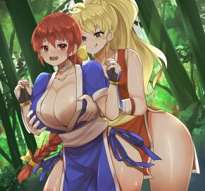 2girls :q bare_shoulders big_breasts blonde_hair braid braided_ponytail breast_grab breasts breasts_bigger_than_head brown_eyes brown_hair capcom cleavage crossover dead_or_alive female female_pervert final_fight final_fight_2 grabbing grabbing_another's_breast grabbing_from_behind groping highres huge_breasts kasumi_(doa) kunoichi large_breasts licking_lips light-skinned_female light_skin long_hair maki_genryusai matching_hair/eyes multiple_females multiple_girls ninja orein pelvic_curtain revealing_clothes short_sleeves sleeveless street_fighter tecmo tongue tongue_out trait_connection tree wide_hips yuri zad_orein