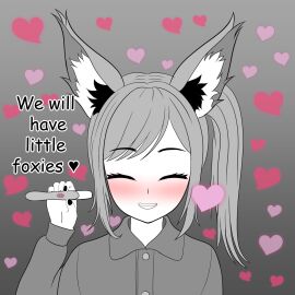 animal_ears blush closed_eyes female flyingcookie fox_ears fox_girl happy kitsune monochrome original original_character practice pregnancy_test