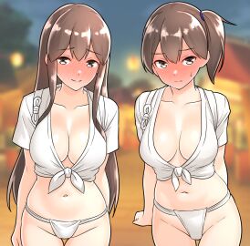 2girls absurd_res absurdres akagi_(kantai_collection) bare_arms bare_belly bare_chest bare_hands bare_hips bare_midriff bare_navel bare_shoulders bare_skin bare_thighs belly belly_button blurred_background blurry_background blush blush_lines blushing blushing_at_viewer blushing_female breasts brown-eyed_female brown-haired_female brown_eyebrows brown_eyes brown_hair busty cleavage collarbone curvy curvy_body curvy_female curvy_figure curvy_hips curvy_thighs dot_nose embarrassed embarrassed_female eyebrows_visible_through_hair female female_focus female_only furaggu_(frag_0416) groin half_naked high_resolution highres hourglass_figure kaga_(kantai_collection) kantai_collection large_breasts legs light-skinned_female light_skin long_hair looking_at_viewer medium_breasts multiple_females multiple_girls navel nipple_bulge open_mouth panties parted_bangs ponytail pussy short_hair shoulders side_ponytail sitting slender_body slender_waist slim_female slim_waist smile smiling smiling_at_viewer thick_thighs thighs thin_waist tongue topwear uncensored uncensored_breasts uncensored_nipples uncensored_pussy uncensored_vagina underwear upper_body v-line white_panties white_topwear white_underwear wide_hips
