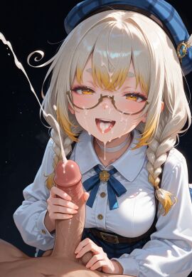 1boy ai_generated balls blonde_hair blue_hat blue_skirt blush cum cum_in_mouth cum_on_glasses cum_on_hair facial female handjob hat indie_virtual_youtuber kanna_yanagi large_breasts large_penis male penis straight tail testicles thisistrash virtual_youtuber white_shirt yellow_eyes