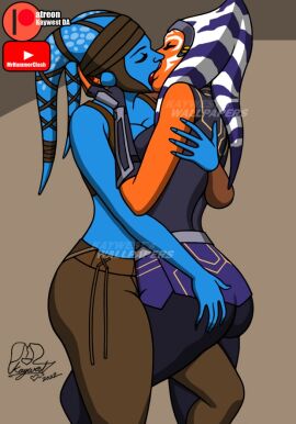 2girls aayla_secura ahsoka_tano bare_midriff clone_wars clothed female female_only kaywest kissing lesbian lesbian_kiss multiple_females multiple_girls star_wars star_wars:_the_clone_wars togruta twi'lek
