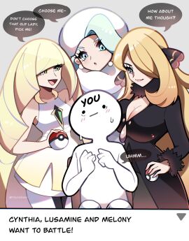 1other 3girls ambiguous_gender artist_name bare_arms big_breasts black_coat black_leggings blonde_hair blue_eyes blush breasts cleavage clenched_hands closed_mouth coat collarbone commentary creatures_(company) cynthia_(pokemon) dialogue_box diamond_(shape) dress earrings english_commentary female fighting_over_boy fur-trimmed_coat fur-trimmed_sleeves fur_collar fur_hat fur_trim game_freak gem green_eyes green_gemstone grey_eyes grey_hair hair_ornament hair_over_one_eye hands_up hat highres holding holding_poke_ball jewelry large_breasts leggings long_hair long_sleeves lusamine_(pokemon) mature_female melony_(pokemon) milf multicolored_hair multiple_females multiple_girls nintendo open_mouth pearl_earrings poke_ball poke_ball_(basic) pokemon pokemon_dppt pokemon_sm pokemon_ss short_dress sleeveless sleeveless_dress small_breasts smile speech_bubble streaked_hair sweatdrop sweater touyarokii twitter_username two-tone_legwear user_interface ushanka very_long_hair viewer_self-insert white_dress white_hair white_leggings white_sweater