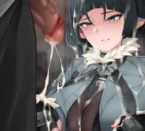 1boy 1girls after_ejaculation black_gloves blunt_bangs blush censored cum cum_on_body cum_on_face dark-skinned_male dark_skin facial female fingerless_gloves fingernails fur-trimmed_jacket fur_trim gloved_handjob gloves green_eyes green_hair green_jacket hoyoverse jacket jane_doe_(zenless_zone_zero) jjanda light-skinned_female light_skin looking_at_another male mihoyo nail_polish out_of_frame penis red_nails sidelocks zenless_zone_zero