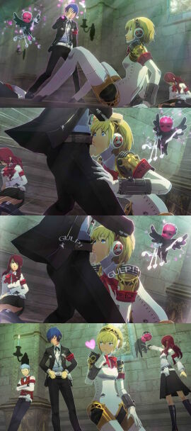 3d aigis_(persona) akihiko_sanada armband armwear atlus blonde_hair blowjob brainwashed clothing cum cum_in_mouth face_fucking female group gynoid human irrumatio makoto_yuki male mind_control mitsuru_kirijo oral pale_skin persona persona_3 robot robot_girl short_hair sucking_finger swallowing swallowing_cum throat_bulge uriziel38