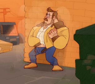 alley balls blush bulge bunbunny_(artist) closed_eyes clothing facial_hair flaccid glasses hand_down_pants male male_only mature moustache musk obese penis rick_mitchell smallsrabbit solo solo_male the_mitchells_vs._the_machines