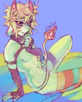 bondage cute femboy gonsia green_skin horns humanoid hybrid male masturbation mushroom_oasis mychael stockings tail