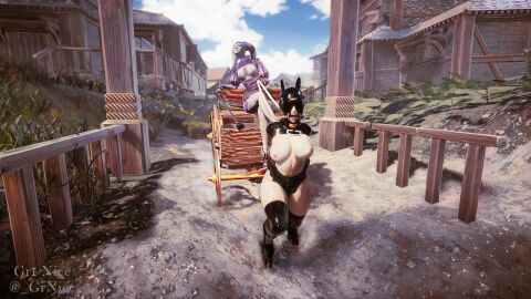 arms_behind_back blindfold bondage exposed_breasts greenice_(gree-nice) jester ponyplay pulling_carriage riding_crop