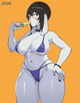 2024 5_fingers anthro bean_eyebrows big_breasts bikini black_bracelet blue_bikini blue_bikini_bottom blue_bikini_top blue_clothing blue_swimwear bracelet breasts bulging_breasts camel_toe cameltoe canid canine canis clothing dark_hair digital_media_(artwork) domestic_dog eyebrows eyewear facial_scar female fingers floppy_ears food front_view fur glasses halftone hand_on_hip hi_res holding_food holding_object holding_popsicle hunting_dog jewelry jxzuke long_ears mammal mixed_breed mochi_(jxzuke) navel popsicle popsicle_in_mouth popsicle_melting portrait pussy red_eyewear red_glasses scar scent_hound shaded shiba_inu simple_background skimpy_bikini solo spitz swimwear thick_thighs three-quarter_portrait two-piece_swimsuit wearing_glasses white_body white_ears white_face white_fur yellow_background