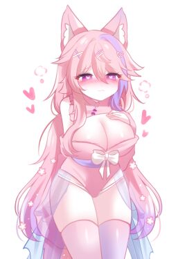 :3 big_breasts blue_hair blush breasts cleavage female fox_ears fox_girl frills hair_between_eyes hair_ornament hand_on_breast heart-shaped_pupils kimono kitsune kitsune_girl nerosune pink_hair pink_kimono pink_nails purple_eyes ribbon shoulders smug solo thick_thighs thighhighs thighs virtual_youtuber vtuber white_panties