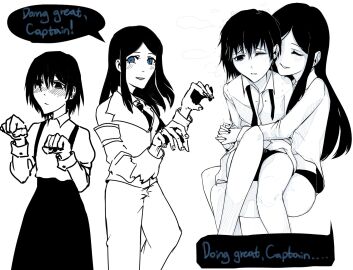 2others ambiguous_gender black_hair blue_eyes blush catt_(wonderlab) dancer loose_tie nonbinary pantless project_moon rose_(wonderlab) sitting_on_lap sitting_on_person suggestive suspenders tie underwear wonderlab yxxi