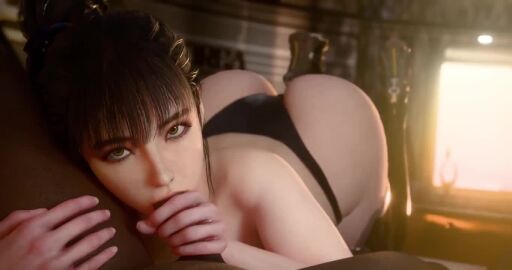 1boy 1girls asian asian_female ass_up bangs black_hair blowjob dark-skinned_male dark_skin eve_(stellar_blade) eye_contact greatojama interracial loop looping_animation oral oral_sex panties point_of_view ponytail pov pov_eye_contact sensual stellar_blade tagme underwear video