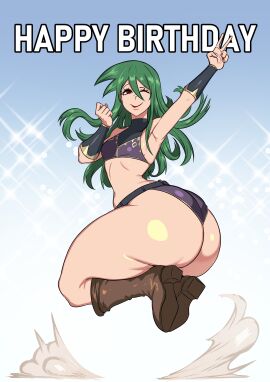 ass big_ass birthday femboy green_(artist) green_(original) green_hair huge_ass jumping light-skinned_male light_skin lipstick long_hair looking_at_viewer looking_back male male_focus male_only pose posing_for_the_viewer presenting_ass red_eyes solo solo_focus tagme