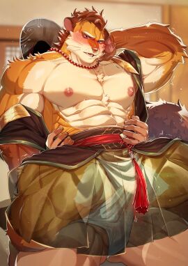 2025 abs absurd_res anthro asian_clothing balls barazoku beaded_jewelry beaded_necklace beads biceps black_clothing black_topwear blue_eyes blush blush_lines booboo34 brown_body brown_fur brown_hair bulge choi_yuhyun clothing duo east_asian_clothing fundoshi fur gat_(hat) genitals gloves_(marking) hair hanbok hat headgear headwear hi_res inside japanese_clothing jewelry korean_clothing leg_markings male male/male mammal markings muscular muscular_anthro muscular_male muscular_thighs mustelid musteline necklace nipples obliques orange_body orange_fur pawpads pecs penis penis_through_clothing penis_through_underwear red_sash serratus socks_(marking) topwear true_musteline underwear weasel whiskers white_clothing white_fundoshi white_underwear xxl_woofia