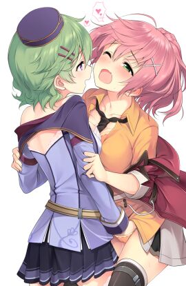 2girls black_legwear black_necktie blush bra bra_peek breasts clothes_grab coat collared_shirt commentary cowboy_shot eiyuu_densetsu female female_only fingering garrison_cap green_eyes green_hair hair_ornament hairclip hakuleg hand_in_another's_panties hand_in_panties hand_under_clothes hat heart juna_crawford lace lace-trimmed_bra lace_trim long_sleeves looking_at_another medium_breasts miniskirt moaning multiple_females multiple_girls musse_egret necktie off_shoulder one_eye_closed open_mouth orange_bra orange_panties orange_shirt panties partially_unbuttoned pink_hair pleated_skirt purple_eyes purple_headwear saliva sen_no_kiseki shirt short_hair simple_background skirt spoken_heart tears thigh_strap thighhighs thighs underwear white_background white_bra yuri