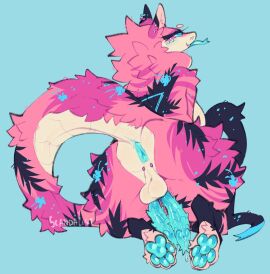 2_penises animal_genitalia animal_penis anthro anus ass backsack balls ballsack black_body black_fur blue_anus blue_background blue_eyes breasts btascandalist diphallia diphallism fur furred_scalie furred_snake futanari genitals guiche_piercing hemipenes hi_res intersex kneeling multi_genitalia multi_penis pawpads paws penis perineum piercing pink_body pink_fur rear_view reptile scalie simple_background snake solo tail_anus tongue tongue_out