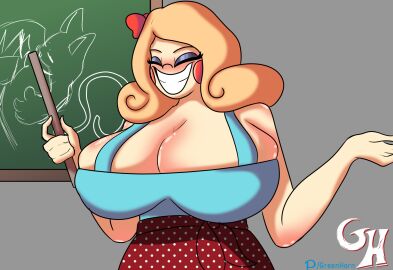 blonde_hair breasts cleavage closed_eyes female huge_breasts makeup miss_delight poppy_playtime smiling solo teeth