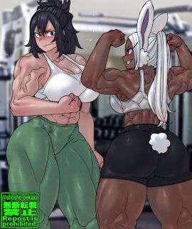 2girls abs alternate_costume animal_ears artist_name ass back back_view bangs bare_shoulders big_ass big_breasts black_eyes black_hair blurry_background breasts bunny_ears bunny_tail cleavage clenched_teeth clothing collarbone crop_top curvy dark-skinned_female dark_skin duo duo_female eyelashes female female_focus female_only flexing grin gym hair_between_eyes highres hips huge_ass human indoors large_ass large_breasts long_hair looking_at_another looking_at_partner midriff miruko muscles muscular muscular_female my_hero_academia nana_shimura navel pants parted_lips pinup ponytail red_eyes rumi_usagiyama shiny_skin short_shorts shorts shosho_oekaki sidelocks sleeveless smile sports_bra sportswear tail teeth thick_thighs thighs tied_hair vein veiny_muscles voluptuous watermark white_hair wide_hips