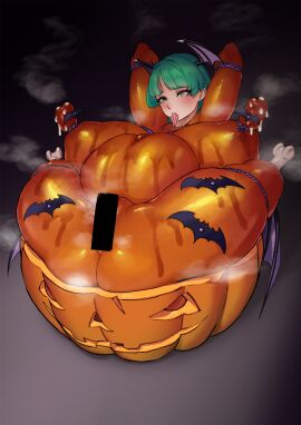 belly big_breasts bone breasts capcom censor_bar censored cooking darkstalkers death demon digital_media_(artwork) ear_piercing ear_ring female female_death food fruit genitals goblin_potato gore green_eyes green_hair guro hair hand_behind_head head_wings hi_res huge_breasts humanoid jack-o'-lantern membrane_(anatomy) membranous_wings morrigan_aensland nipple_tie nipples piercing plant pumpkin ring_piercing solo stitch_(sewing) succubus surgical_suture wings
