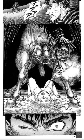 1boy 1girls berserk farnese guts_(berserk) horse manga manga_page official_art rape_horse raped_by_monster wtf