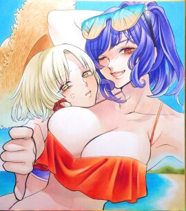 2girls ;d absurdres alternate_costume alternate_hairstyle anger_vein angry arm_behind_head arm_up armpits bags_under_eyes bare_shoulders beach bikini blue-tinted_eyewear blue_bikini blue_hair blue_sky bow breast_pillow breast_rest breasts breasts_on_head brown_headwear clear_sky cleavage commentary_request cute_fang dutch_angle eyes_visible_through_hair eyewear_on_head fang_out female foreshortening frilled_bikini frills frog_girl furrowed_brow glasses hair_ribbon hair_up hairbow halterneck hand_on_own_head hat head_on_chest high_ponytail highres horizontal_pupils kanako_yasaka large_breasts line_art looking_at_viewer marker marker_(medium) mature_female medium_hair milf moriya_suwako multiple_females multiple_girls narrow_waist navel oerba_yun_fang one_eye_closed open_mouth orange-tinted_eyewear outdoors outstretched_arm parted_bangs parted_lips photo_(medium) ponytail red_bikini red_bow red_eyes red_ribbon ribbon sand shikishi short_hair sideboob sidelocks simple_background sketch skin_fang sky slit_pupils smile straw_hat string_bikini sunglasses suwako_moriya swimsuit thumbs_down tinted_eyewear tongue touhou traditional_media tress_ribbon upper_body v-shaped_eyebrows veins water wavy_mouth white_hair whoru wife_and_wife yasaka_kanako yellow_eyes yuri
