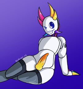 1boy 2d 2d_(artwork) 2d_artwork atlaspromi horns male penis posing prototype_(regretevator) pxym regretevator roblox roblox_game robloxian robot robot_boy solo solo_male tagme tentacle_penis thighhigs wink