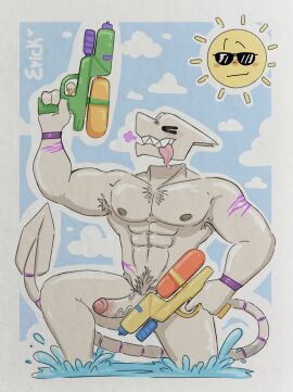 1boy alexito_dts anthro big_chest big_penis boner dragon erection furry furry_male gay gay_male hairy_chest leviathan_(skullgirls) male male_only muscular muscular_male pubic_hair scar scars skullgirls summer tongue_out water_gun