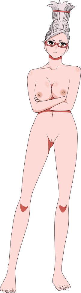 arms_under_breasts ayase_seiko breasts dandadan feet female glasses grey-haired_female hair_clip hair_up hairless_pussy lionprideart nude nude_female pussy red_glasses short_eyebrows transparent_background