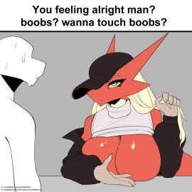1boy 1girls 2020s 2024 2d 2d_(artwork) anon anthro anthro_only anthrofied baseball_cap big_breasts big_thighs blaziken boobs?_wanna_touch_boobs? breasts breasts_on_table canine claws cleavage dog_boy dog_ears english_text eyebrows eyelashes female female_focus furry furry_female furry_only green_eyes hanako_(lyorenth-the-dragon) hat hat_over_one_eye hi_res highres hips holding_hair lifting_shirt long_hair lyorenth-the-dragon male meme meme_caption nintendo pokemon pokemon_(species) presenting presenting_breasts red_body shiny shiny_skin sweater text toned toned_female turtleneck white_hair yellow_sclera