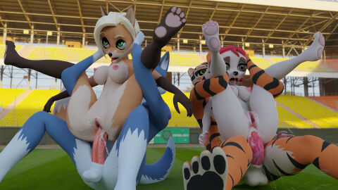 2021 3d anal anal_sex anthro anthro_on_anthro anthro_penetrated anthro_penetrating ass big_penis black_stripes blue_fur bodily_fluids breasts canid canine canis cum cum_in_ass cum_inside cum_on_face digital_media_(artwork) domestic_dog double_full_nelson ejaculation felid female fluf_(flufdustbunny) flufdustbunny fox from_behind_position full_nelson full_nelson_(legs_held) full_nelson_anal genital_fluids group hi_res hunting_dog male male/female mammal nipples nude orange_fur pantherine pawpads paws penetration penis pinscher public pussy pussy_ejaculation sandra_ren sex stadium stripes tagme tan_fur terrier tiger two-tone_body two-tone_fur vaginal_fluids white_body white_fur wolf yara_yerr