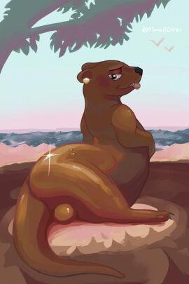 asmallotter ass avian balls beach beach_background bedroom_eyes big_ass big_butt bird black_nose blush bodily_fluids detailed_background dripping droplets feral genitals glistening glistening_balls glistening_body glistening_genitalia gull hi_res lake lakeside lari larid looking_at_viewer looking_back male mammal mustelid narrowed_eyes otter pink_sky plant presenting presenting_hindquarters saliva saliva_drip saliva_on_tongue sand seductive shaded sitting sky slightly_chubby solo teeth tongue tongue_out tree under_shade water wet