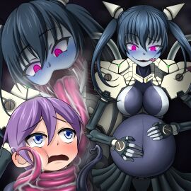 belly_expansion big_belly big_breasts blue_hair breasts cat_girl catgirl cleavage cyborg female gint=ktouka glowing_eyes lamiaroid lamiaroid_(mon-musu_quest!) licking_face luka_(mon-musu_quest!) luka_(monster_girl_quest) mawshot mon-musu_quest! monster_girl monster_girl_quest open_mouth pale_skin purple_hair short_hair size_difference smug snake_tongue stomach_bulge tagme twintails vore vore_belly