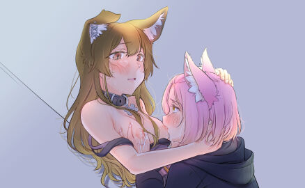 2girls areolae blush blush_lines blushing breasts brown_eyes brown_hair collar color colored d4dj dog_collar dog_ears dog_girl eyebrows eyebrows_visible_through_hair eyelashes female female_only fox_ears fox_girl hair_between_eyes hand_on_breast hand_on_head holding_breast holding_head hoodie inuyose_shinobu lactating lactation long_hair looking_at_another looking_pleasured medium_breasts milk open_mouth pink_hair short_hair shroomia simple_background sucking_nipples textless yamate_kyoko yellow_eyes yuri