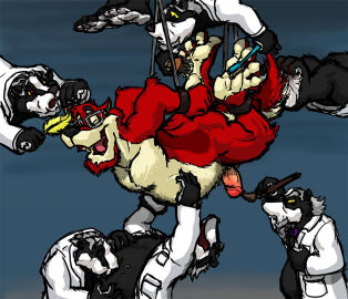 2017 4_toes anthro badger barefoot beard belly biped black_body black_fur black_nose blith_(character) blowing_raspberries bondage bound brush brushing brushing_feet canid canine canis cheek_tuft clenched_feet clone closed_eyes clothed clothing coat cuff_(restraint) dominant dominant_anthro dominant_male dr._kitzelfolter eyebrows eyewear eyewear_only facial_hair facial_tuft feet fluffy fluffy_tail foot_fetish fur fur_tuft genitals glasses glasses_on_face glasses_only grey_hair group hair holding_brush holding_feather holding_object humanoid_feet humanoid_genitalia humanoid_penis kctk labcoat laugh looking_at_another loose_feather male male/male mammal multicolored_body multicolored_fur mustelid musteline nude open_clothing open_coat open_mouth open_smile open_topwear overweight overweight_anthro overweight_male paintbrush penis plantigrade red_body red_fur restrained restrained_arms restrained_feet restraints smile snout soles submissive submissive_anthro submissive_male suspension tail tan_body tan_fur tan_soles tickle_fetish tickle_torture tickling tickling_belly tickling_ears tickling_feet tickling_genitalia tickling_penis toes tongue toothbrush topwear tuft two-tone_body two-tone_fur wearing_glasses white_body white_clothing white_coat white_fur white_labcoat white_soles white_topwear wolf yellow_sclera