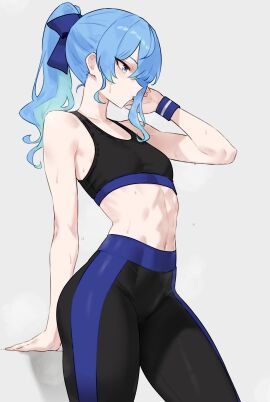 1girls abs blue_eyes blue_hair bluefield breasts female gym_clothes hololive hololive_gen_0 hololive_japan hoshimachi_suisei pants ribbon small_breasts solo sweat sweaty tank_top tight_pants virtual_youtuber yoga_pants