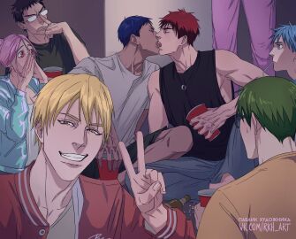 2boys aomine_daiki blue_hair daiki_aomine drunk_kiss french_kiss french_kissing gay kagami_taiga kise_ryouta kissing kuroko's_basketball kuroko_no_basuke male male/male male_focus party picture red_hair taiga_kagami