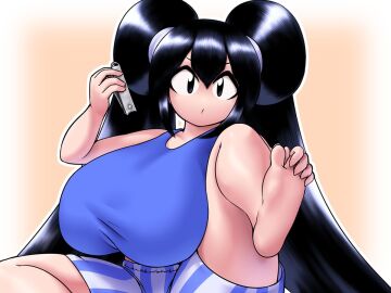 1girls bangs black_eyes black_hair blue_shirt blunt_bangs blush breasts clippers feet female hair_buns harashima_rojami holding_own_foot huge_breasts kumahoihoi long_hair nail_clippers parted_bangs pouty_lips shirt shorts sitting striped_shorts