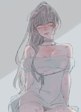 ariel_(path_to_nowhere) ariel_spencer_(path_to_nowhere) bare_shoulders black_choker blue_dress blush breasts brown_hair choker cleavage closed_mouth commentary dress female grey_background long_hair looking_at_viewer medium_breasts off-shoulder_dress off_shoulder panties panty_peek path_to_nowhere ponytail pussy pussy_juice sitting solo sweat symbol-only_commentary underwear xxxxxio55 yellow_eyes