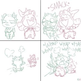 2d 2girls ass bow comic don't_starve don't_starve_(series) don't_starve_together dress dress_lift female female_only humor kh kingheron kingheron_(artist) klei_entertainment merm multiple_females multiple_girls no_pupils pig pussy slapping_ass slapping_butt spanking wilba wurt