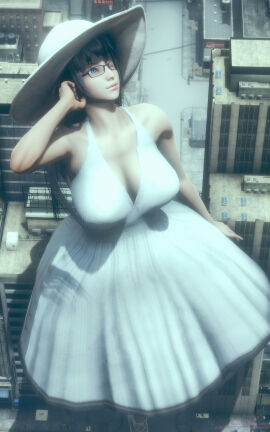 1girls 3d 3d_(artwork) big_breasts black-haired_female black_hair blue-eyed_female blue_eyes breasts city cleavage female female_focus female_only giant_female giant_woman giantess glasses junejukes large_boobs large_breasts light-skinned_female light_skin looking_up