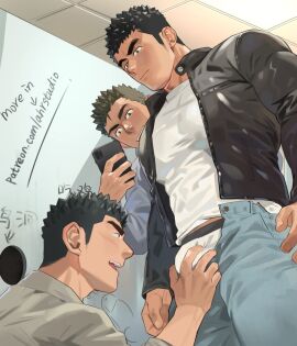 3boys advertisement ahrstudio big_bulge black_eyes black_hair blush brown_hair bulge bulge_through_clothing ceiling ceiling_light cellphone chinese_text duo duo_focus dutch_angle gay grabbing group hand_on_crotch handjob happy hi_res holding_object holding_phone hole_in_wall indoors jacket kneeling kneeling_oral_position looking_at_another looking_down looking_pleasured low-angle_view male male/male male_only mature_male open_clothes original original_character pants_down pecs recording short_hair smartphone spiky_hair standing text thick_eyebrows toilet vandalism yaoi youchi123 zheng_yu