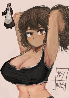 1girls armpits bra brown_eyes brown_hair brown_skin female limbus_company maid nelly_(limbus_company) project_moon sa111_saki tomboy