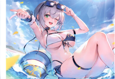 absurdres bikini blue_sky blush breasts cloud cloudy_sky day eyewear_on_head female green_eyes grey_hair highres hololive hololive_fantasy hololive_japan innertube large_breasts looking_at_viewer mole mole_on_breast navel ocean one_eye_closed open_mouth outdoors petals scan shirogane_noel shirogane_noel_(summer_2020) short_hair sky smile stomach sunglasses sunlight swim_ring swimsuit teeth thigh_strap thighs upper_teeth virtual_youtuber watao water wrist_cuffs