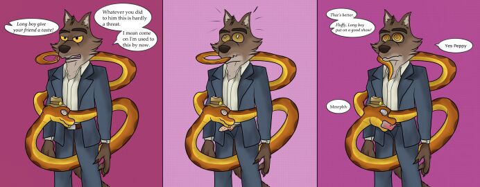 absurd_res anthro bulge caine_latrans_(artist) canid canine clothing coiling coiling_around_body dialogue dreamworks hi_res hypnosis hypnotized_male male male/male mammal mind_control mr._snake_(the_bad_guys) mr._wolf_(the_bad_guys) reptile scalie snake spiral spiral_eyes submissive submissive_male sucking the_bad_guys unzipped unzipped_pants zipper