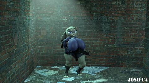 ass big_breasts breasts bunny_ears bunny_girl clothing female holding_weapon josh-u4 judy_hopps looking_at_viewer mp5 police police_uniform thick_ass thick_thighs zootopia