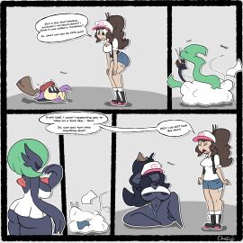 black_hair brown_hair chabble comic cosplay fakemon gardevoir_(cosplay) grey_background hilda_(pokemon) hilda_(pokemon)_(cosplay) mimikyu pokemon simple_background tagme tight_clothing transformation vest white_shirt