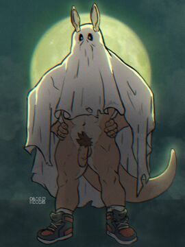2023 abs anthro balls bed_sheet bedding bedsheet_ghost biped bottomless clothed clothing costume flaccid footwear foreskin full_moon genitals ghost_costume halloween halloween_costume hand_on_hip hi_res holidays humanoid_genitalia humanoid_penis humor kangaroo looking_at_viewer macropod male male_anthro mammal marsupial masculine_male moon muscular muscular_anthro muscular_legs muscular_male navel penis pibbnchips plantigrade pubes rooinks shoes simple_background sneakers solo standing uncircumcised unretracted_foreskin vein veiny_penis