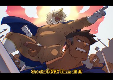 4boys absurdres bara beard cape crown dark-skinned_male dark_skin facial_hair facing_ahead from_below full_beard girthy_penis gradient_hair guppo13 half-erect highres king large_pectorals male male_focus male_pubic_hair mature_male medium_sideburns multicolored_hair multiple_boys multiple_males muscular muscular_male naked_cape navel nipples original pectorals penis pointing pointing_forward pubic_hair short_hair sideburns_stubble solo_male standing stubble thick_beard thick_eyebrows thick_thighs thighs uncensored yaoi