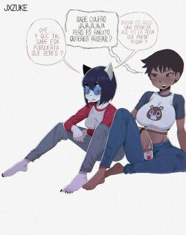 beer big_breasts black_hair breasts clothed dark-skinned_female dark_skin eyewear female jxzuke lucy_(jxzuke) moments_before_disaster rebecca_(jxzuke) white_fur yuri